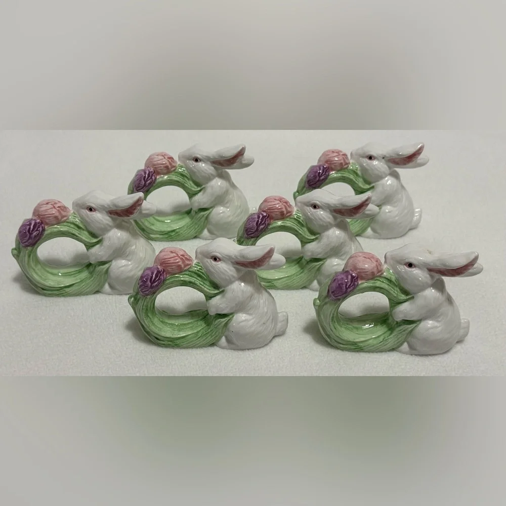 White Ceramic Bunny Napkin Rings with Pastel Tulip Wreath - Set of 6